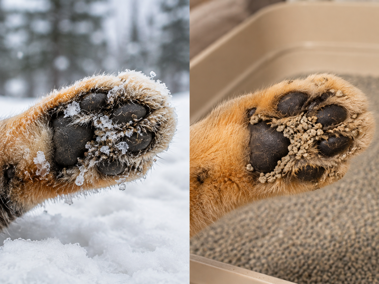 Tassar där smuts, is och kattsand kan fastna mellan trampdynorna